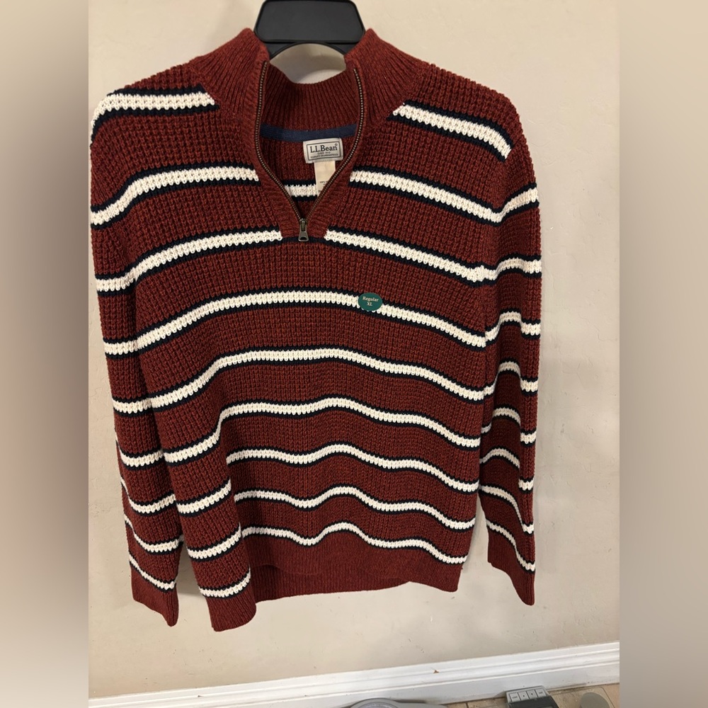 L.L. Bean Men's Rust and White Striped Half-Zip Sweater